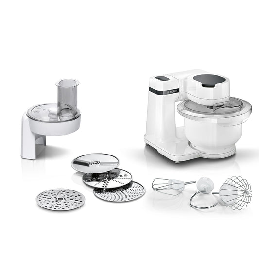 Bosch Kitchen Machine Series 2, compact kitchen machine, 3.8l plastic bowl, continuous slicer, 4 discs, 4 settings, kneading hook/whisk/beater, dishwasher safe, 700 W, white, MUMS2AW01