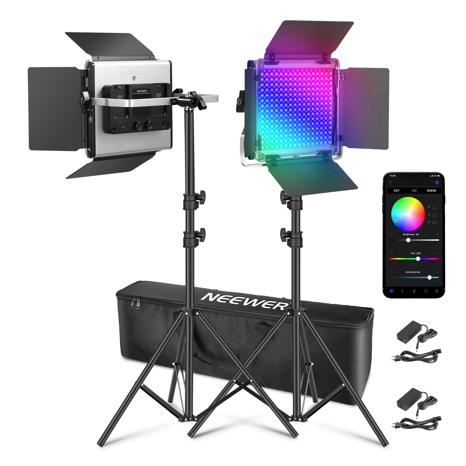 NEEWER 2X Improved 660 PRO II 50W RGB LED Video Light Panel Set Tripod Stand with App Control Video Light 360° Full Color Video Photo Light/CRI97+/3200K~5600K Studio Continuous Light Photography Film - RGB660