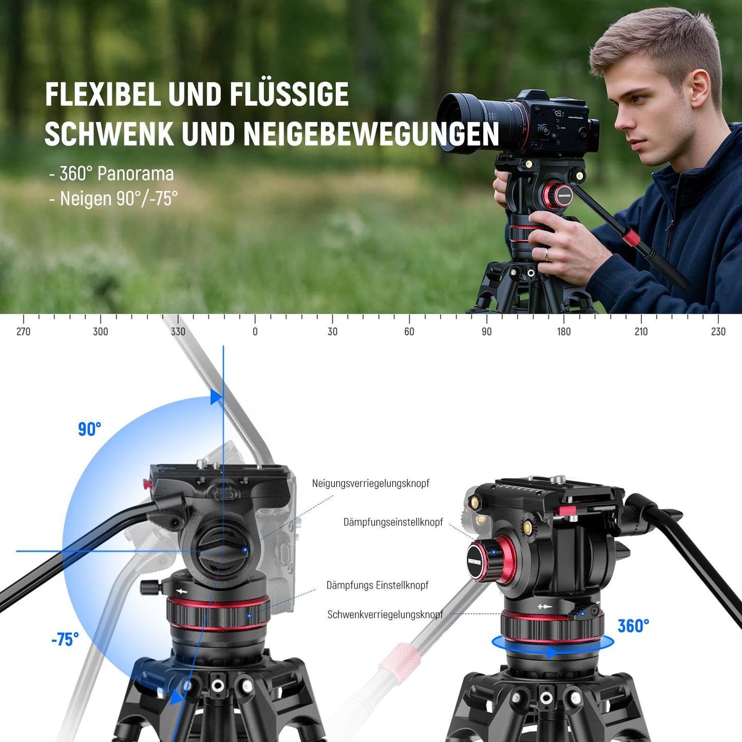 NEEWER 78" Carbon Fiber Video Camera Tripod, Damping Adjustable Fluid Head One Step Quick Release with QR Plate and Handle Robust Tripod for DSLR Camera and Camcorder Max Load Capacity 10kg LL37