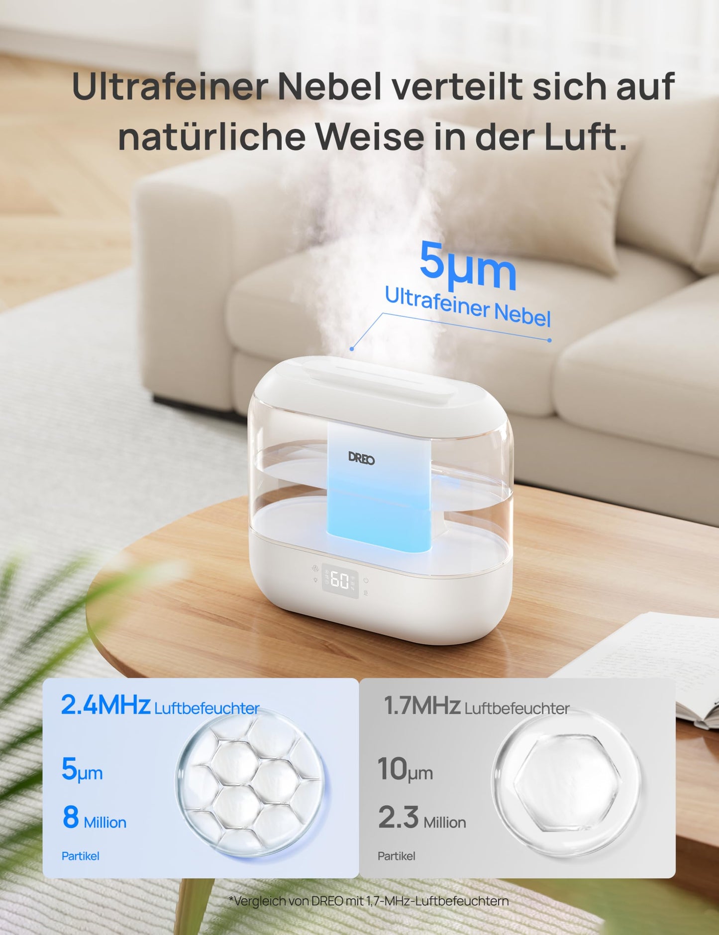DREO Smart Humidifier for Bedroom, Top Fillable 4L Large Cooler Mist Humidifier with Oil Diffuser and Night Light, 36 Hour Runtime, Quiet Ultrasonic Humidifier for Home - DR-HHM001S