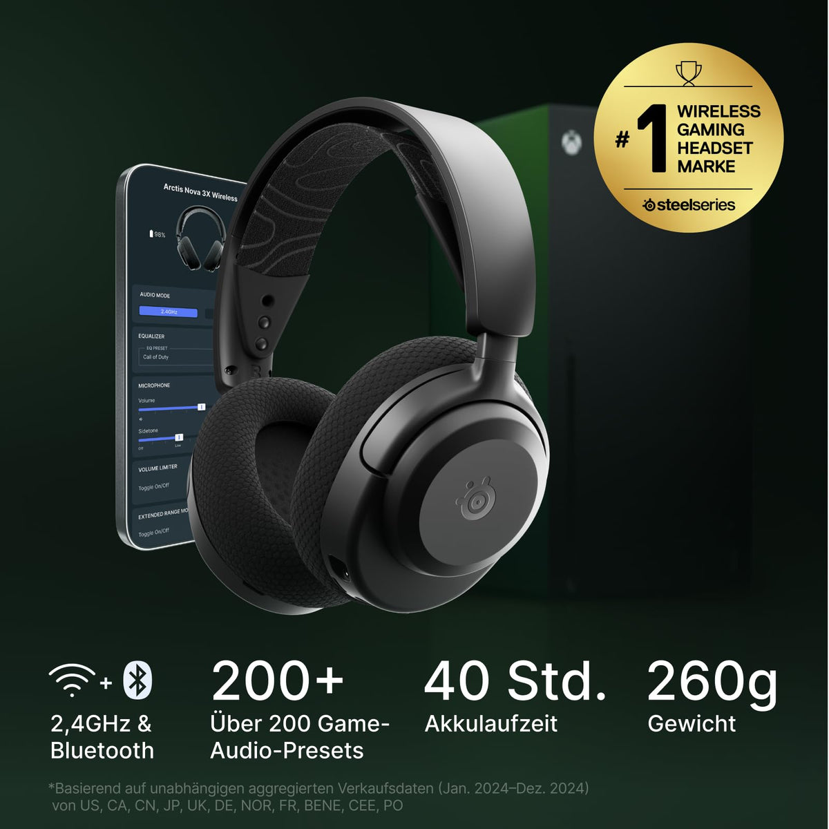 SteelSeries Arctis Nova 3X Wireless Gaming-Headset – Controlare prin aplicație – 40 ore autonomie – Driver cu magnet din neodim – 2,4 GHz/Bluetooth – Microfon detașabil – Xbox, PS5, PC, Switch, dispozitive mobile - Negru - 61689
