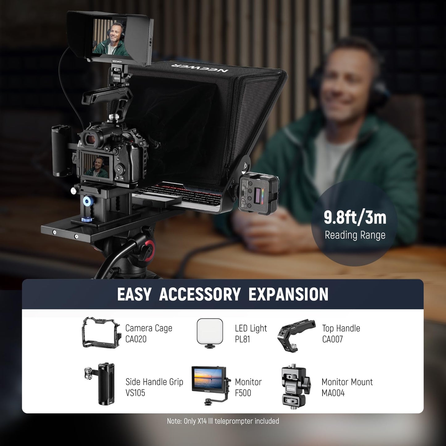 NEEWER Teleprompter X14 III with RT113 remote/app control, 45° tilt 14" beam splitter metal frame camera mount QR plate compatible with 501PL compatible with iPhone iPad DSLR no assembly