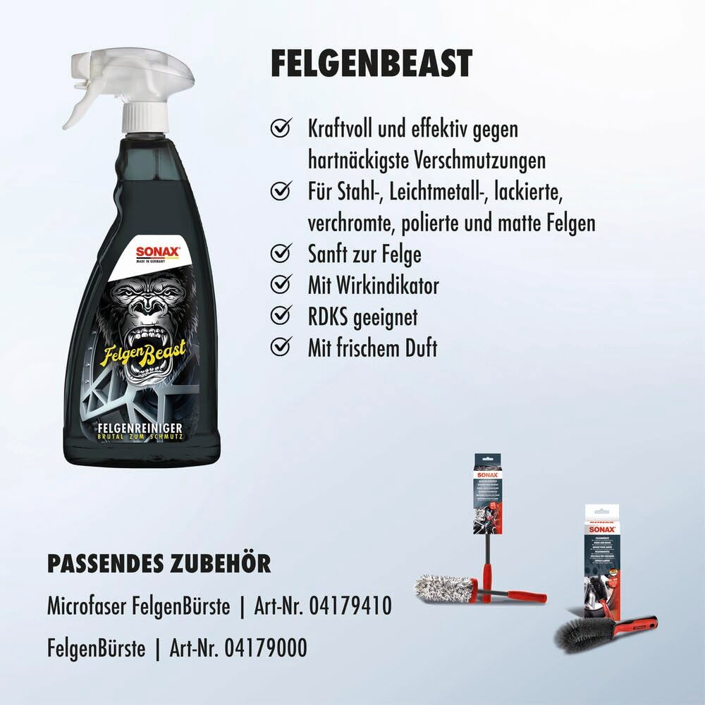 SONAX FelgenBeast package with BeastCap removes even beastly dirt on all polished, chrome-plated and matt steel and light alloy rims Art no. 07653000