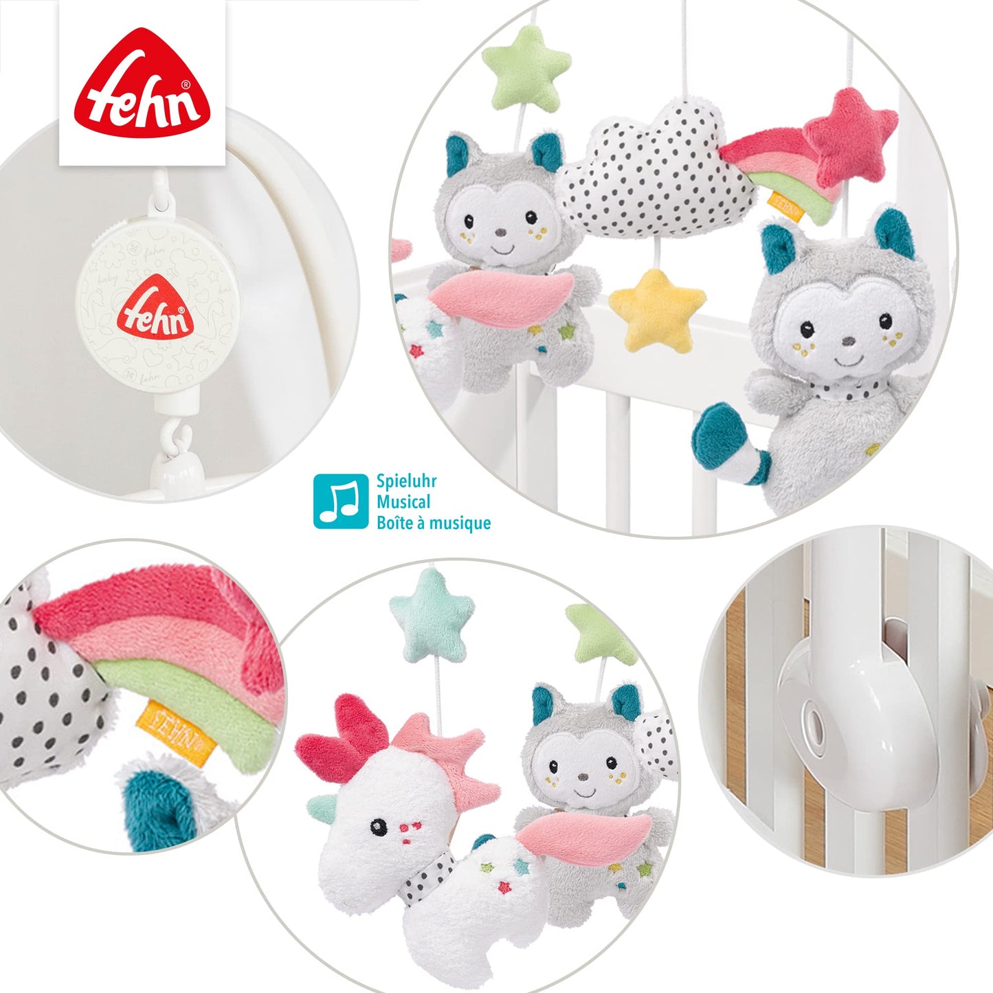 Fehn Music Mobile Aiko & Yuki - Baby Sleep Aid Musical Toy with Cute Animals, Baby Mobile Music Box Melody "Mozart's Lullaby" - Music Mobile Baby Bed Accessories Toy for Babies from 0-5 Months - 057027