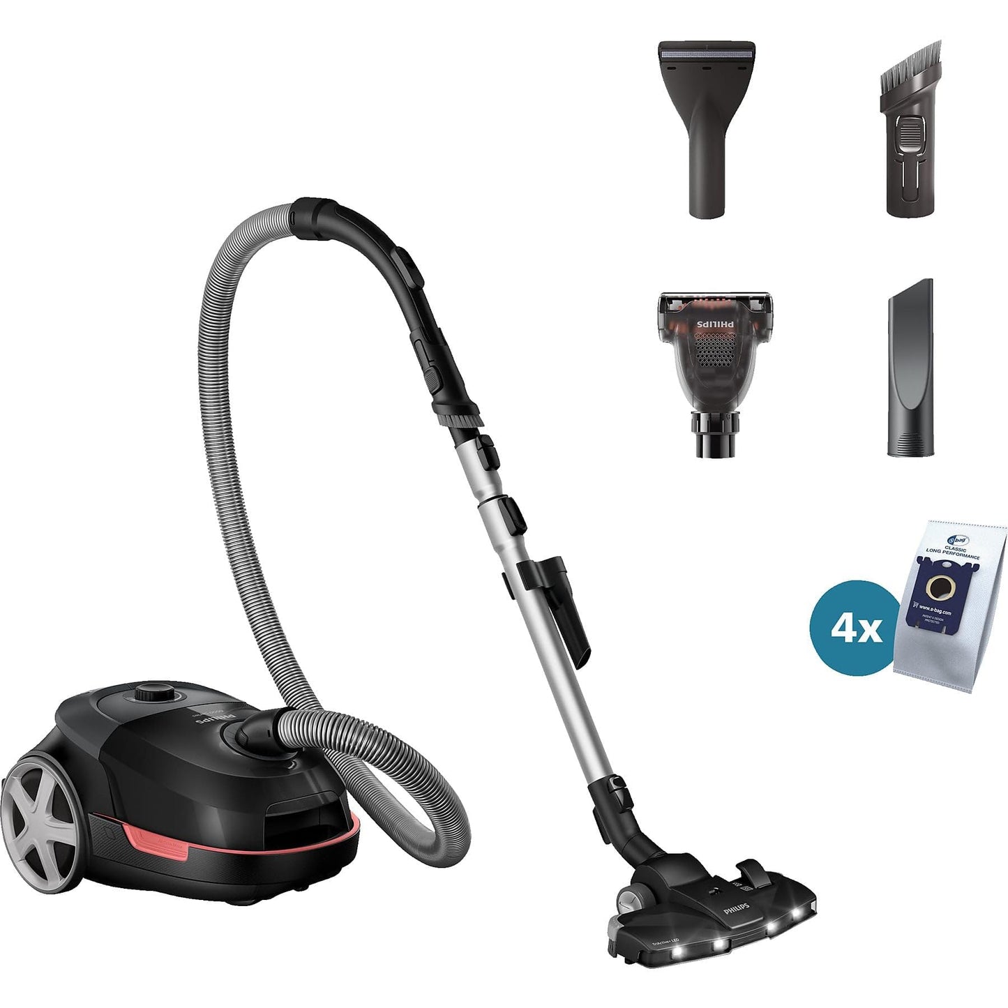 PHILIPS 6000-Series Bag Vacuum Cleaner Performer LED - 900 W Motor, TriActive+ LED Nozzle, HEPA, 9 m, Durable Bags, Black (XD6142/12)