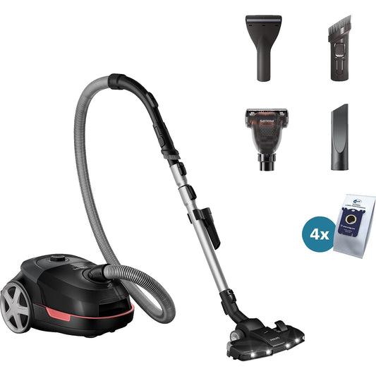 PHILIPS 6000-Series Bag Vacuum Cleaner Performer LED - 900 W Motor, TriActive+ LED Nozzle, HEPA, 9 m, Durable Bags, Black (XD6142/12)