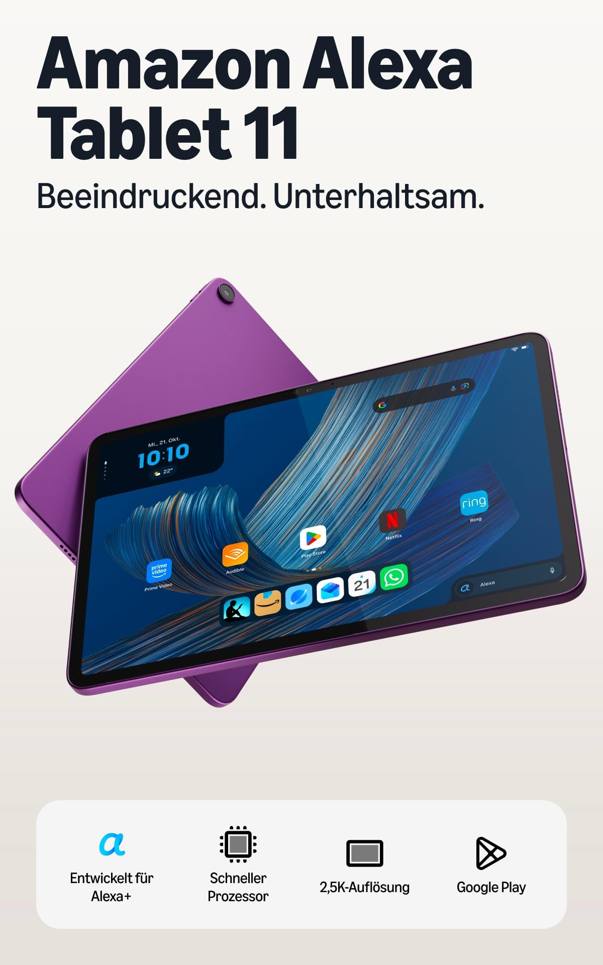The new Amazon Alexa Tablet 11, 8 GB RAM, 64 GB, brilliant 11-inch display with 2.5K, all-day battery, with Google Play, designed for Alexa+, Violet - TR24E7