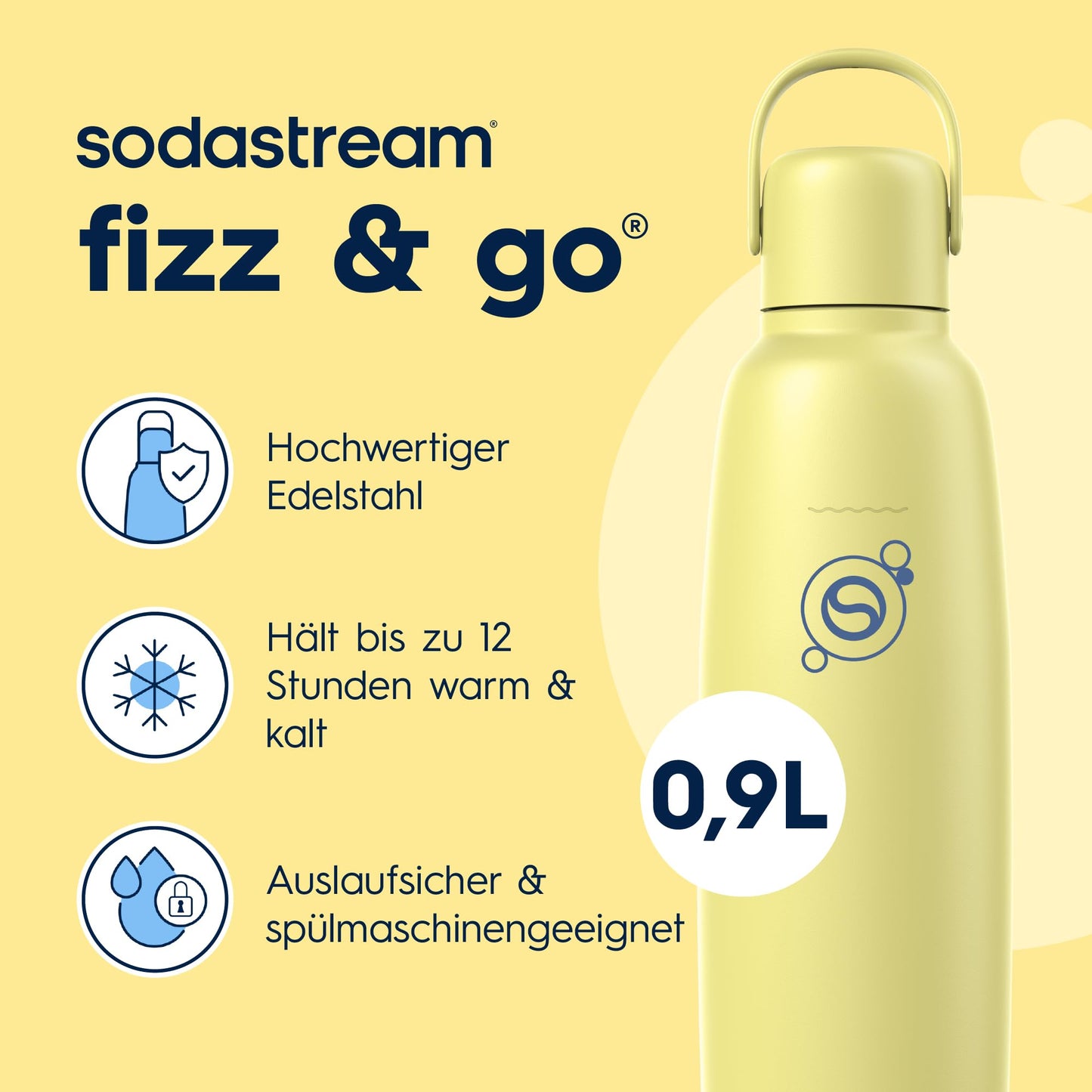 sodastream Fizz & Go stainless steel soda bottle 0.9 l, double-walled insulated thermos bottle, keeps warm & cold, for carbonated drinks, compatible with DUO, TERRA, ART, ENSO & more, lemon yellow - 1062417440