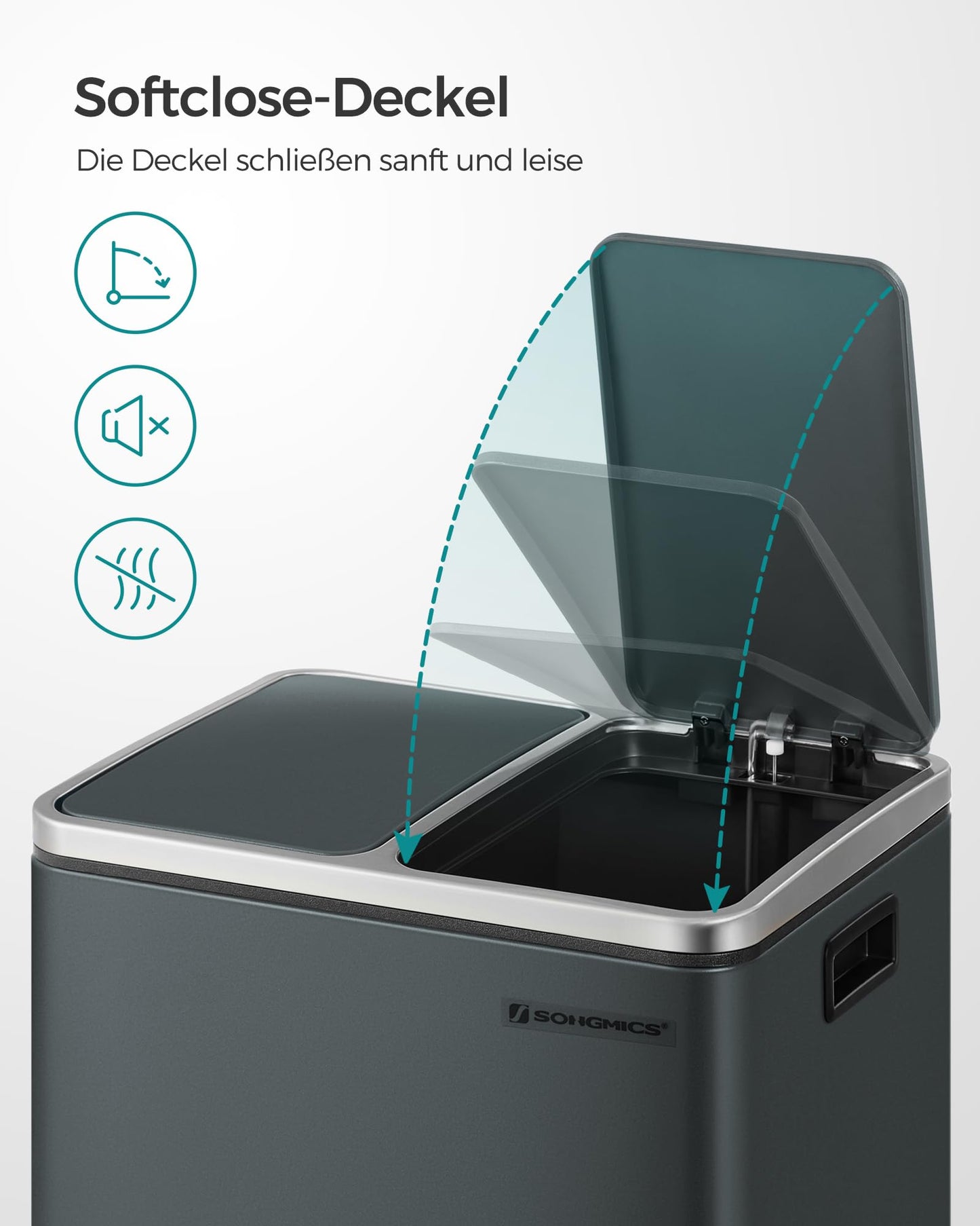 SONGMICS kitchen rubbish bin, 2 x 15 liters, waste separation system 2 compartments, including 15 rubbish bags, rubbish bin, pedal bin, recyclable waste, organic waste, soft close lid, green-grey LTB30GS