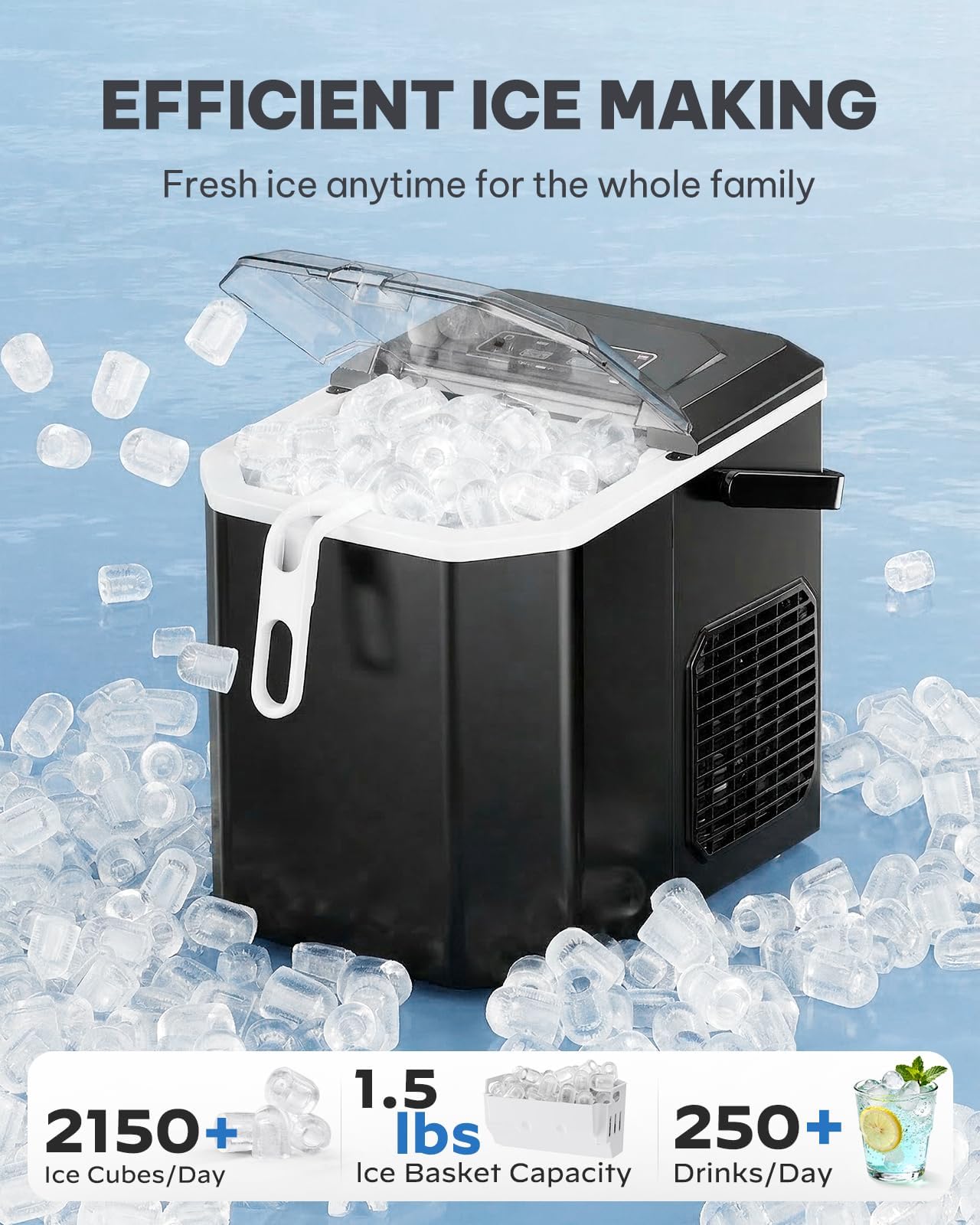 Silonn Ice Cube Machine with Handle Ice Cube Basket - Portable & Self-Cleaning, Mini Ice Maker 9 Ice Cubes/6 Min. 12 KG/Day, Simply Remove Ice Cubes and Use Anywhere - 21B3