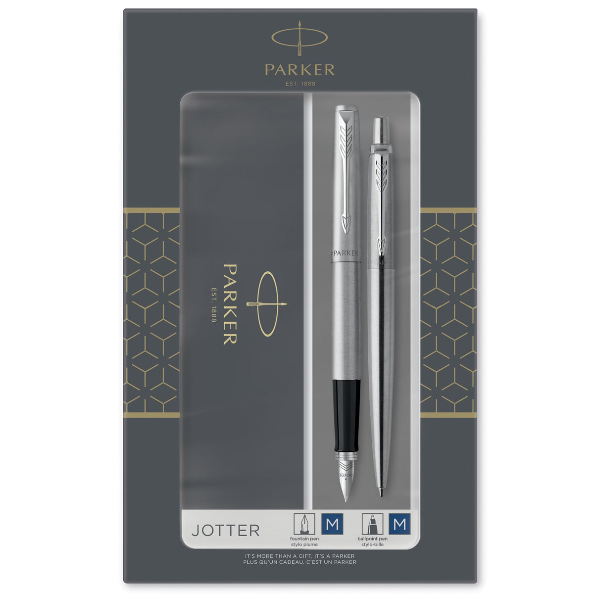Set cadou Parker Jotter Duo cu stilou și pix | Oțel inoxidabil cu detalii cromate | Rezerve de cerneală și cartușe cu cerneală albastră | Cutie de cadou - 2093258
