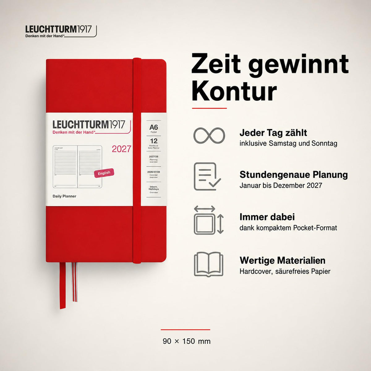 LEUCHTTURM1917 Daily Calendar 2027 Pocket (A6) - English, Cherry, 90 x 150 mm, January-December (12 months), 1 page per day, hourly grid 7:00-22:00, hardcover, 80 g/m² paper - 400332