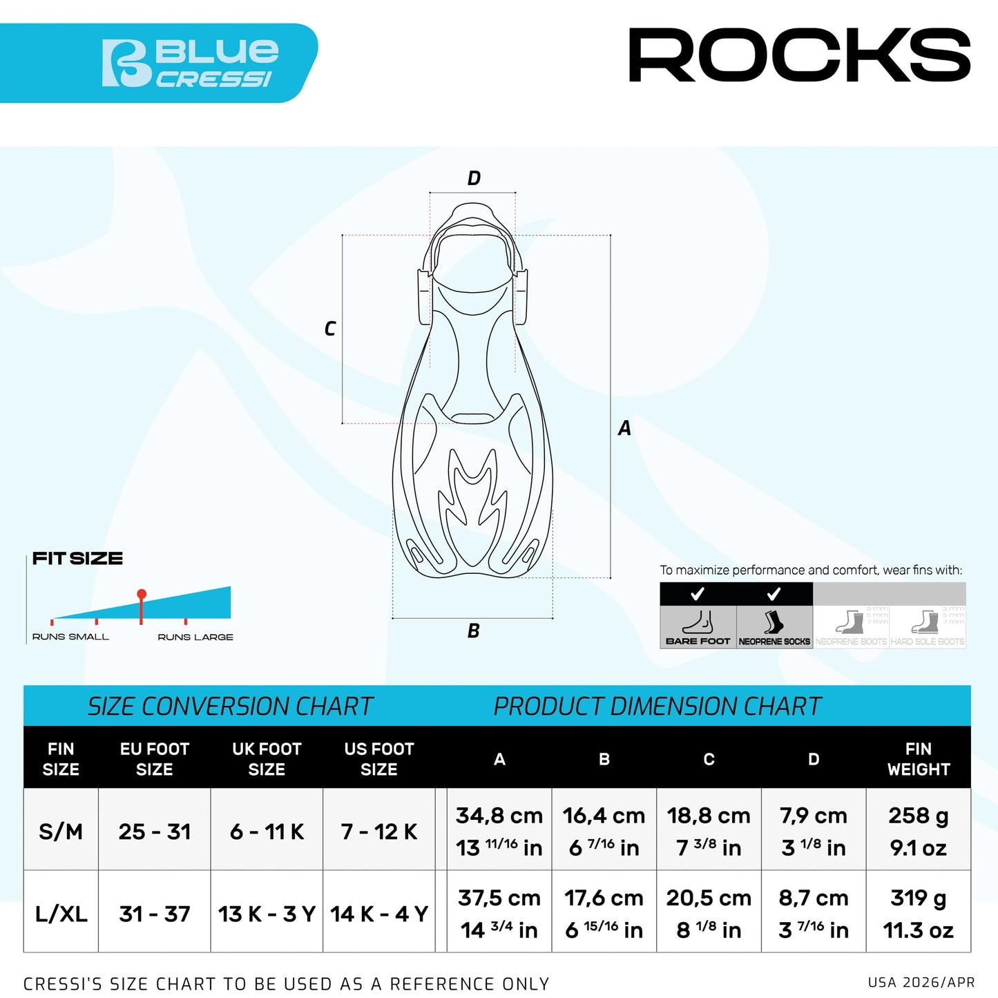 Cressi Rocks Kid Snorkeling Fins for Children - Adjustable Fins - Quick Putting On, Adjustable Foot Area - Diving Fins & Swimming Fins Children - Blue - S/M (26/32) - USF020202B
