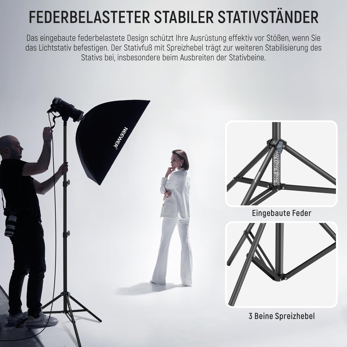 NEEWER Photography Light Stand 87-200cm, Spring-Loaded Lighting Stand with ø28mm Thick Tube Diameter, Lamp Stand for Ring Light/LED/Strobe/Softbox, Max. Load 22lbs, ST-200 Black