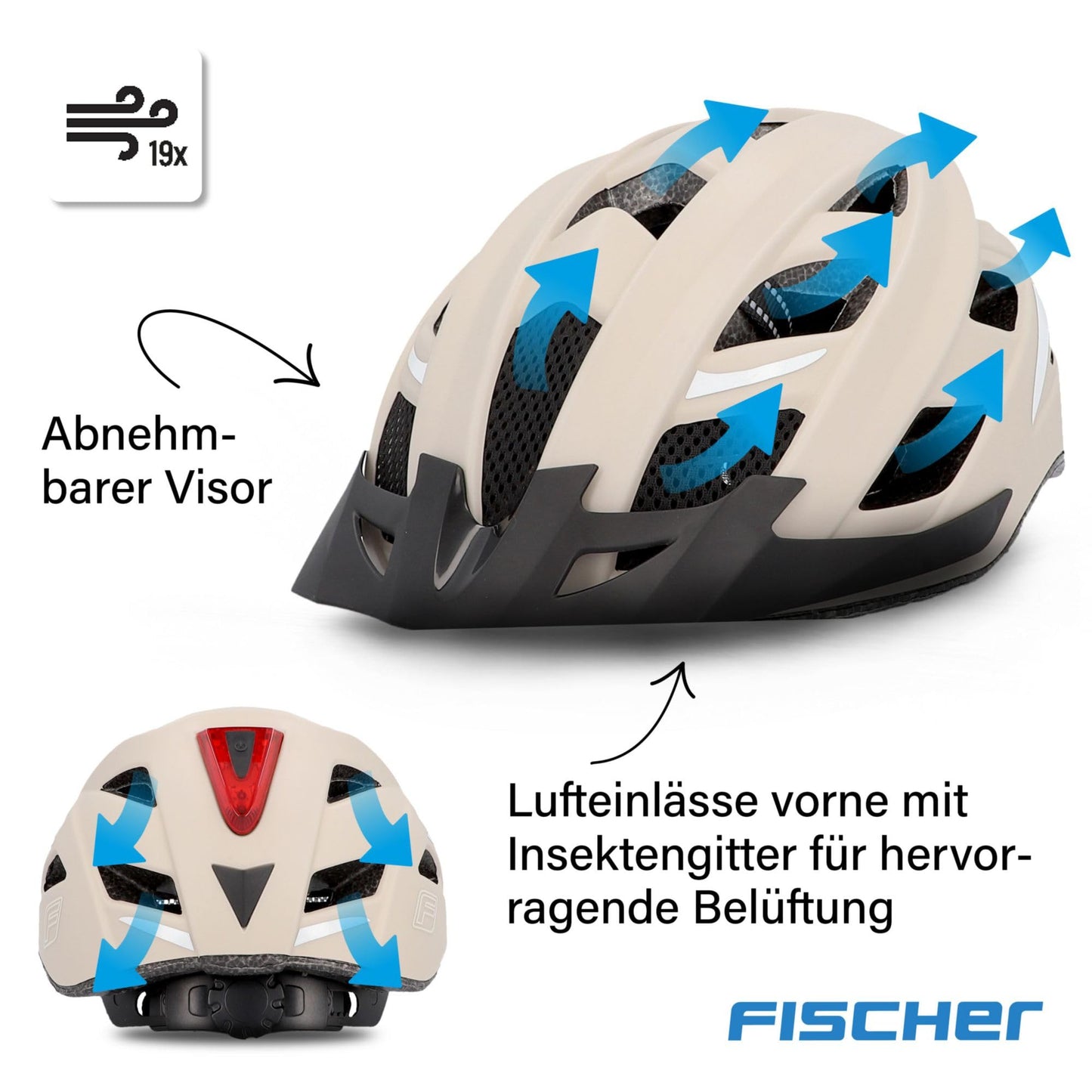 FISCHER adult bicycle helmet, cycling helmet, city helmet Urban Plus Dallas, L/XL, 58-61cm, beige, with integrated LED rear light - 50630
