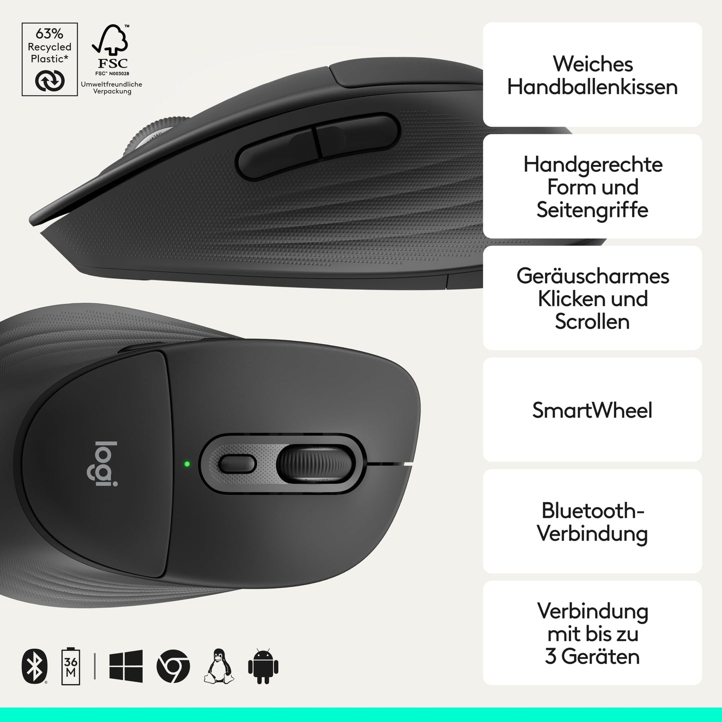 Logitech Signature Comfort Plus M850 L Wireless Mouse, Bluetooth Mouse with Palm Cushion, Silent Clicks, 24 Month Battery, Customizable Buttons, Windows, Mac, iPad - Black - 910-007807