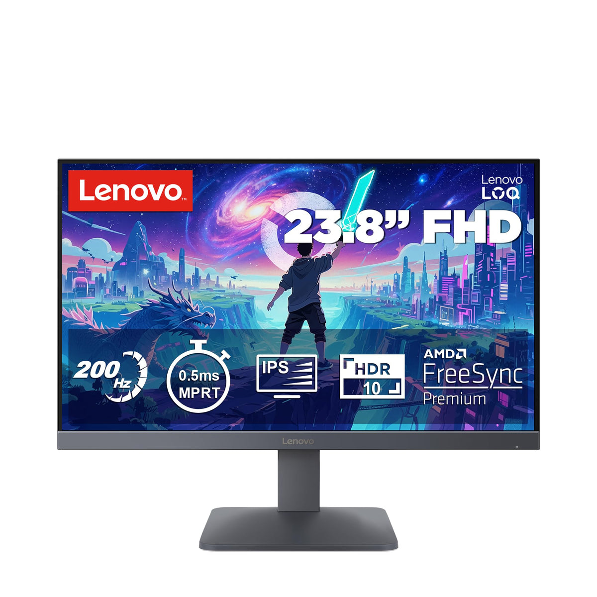 Lenovo LOQ 24-10 | 23.8" Full HD Gaming Monitor | 1920x1080 | 16:9 | 200Hz | 0.5ms Response Time | HDMI 2.1 | DisplayPort | 3-Sided Panel | Matte Display | VESA Adaptive Sync | AMD FreeSync | Gray - 68F1GACBE5