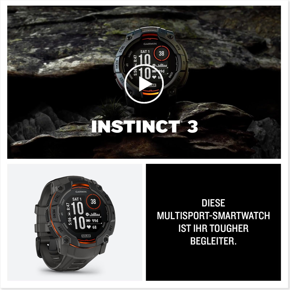 Garmin Instinct 3 50mm SOLAR – Ceas inteligent GPS pentru multisport, display de 1,1", autonomie a bateriei de până la 40 de zile, peste 80 de aplicații sportive, funcție de navigație, caracteristici inteligente, lanternă LED, rezistent la apă -