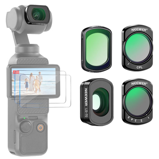 NEEWER Magnetic ND filter set, compatible with DJI Osmo Pocket 3 / Pocket 4 / Xtra Muse, variable ND2-32, black, diffusion filter 1/4, CPL 0.72x, wide angle lens + screen protector - FL-C16