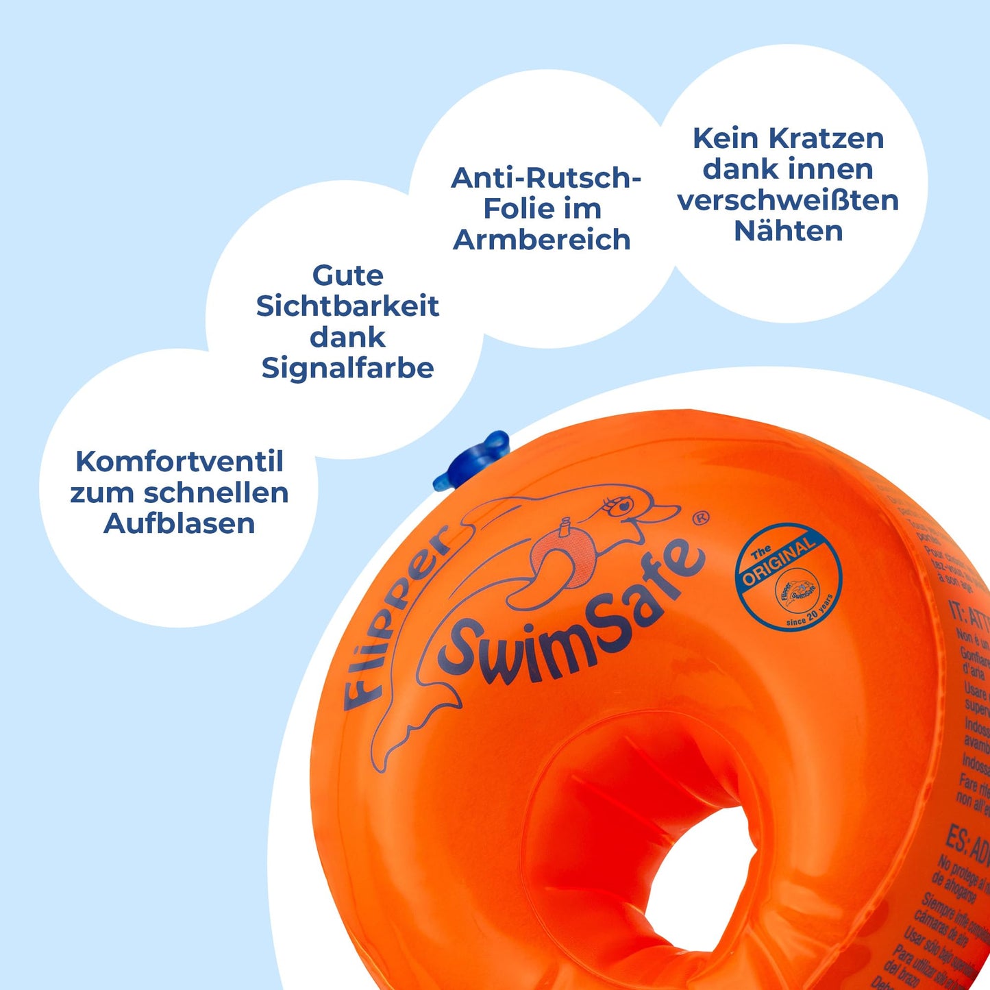 Flipper SwimSafe 1024 - swimming aid for babies aged 1 year and over, water wings with unbreakable PE foam core, including dolphin toy, orange