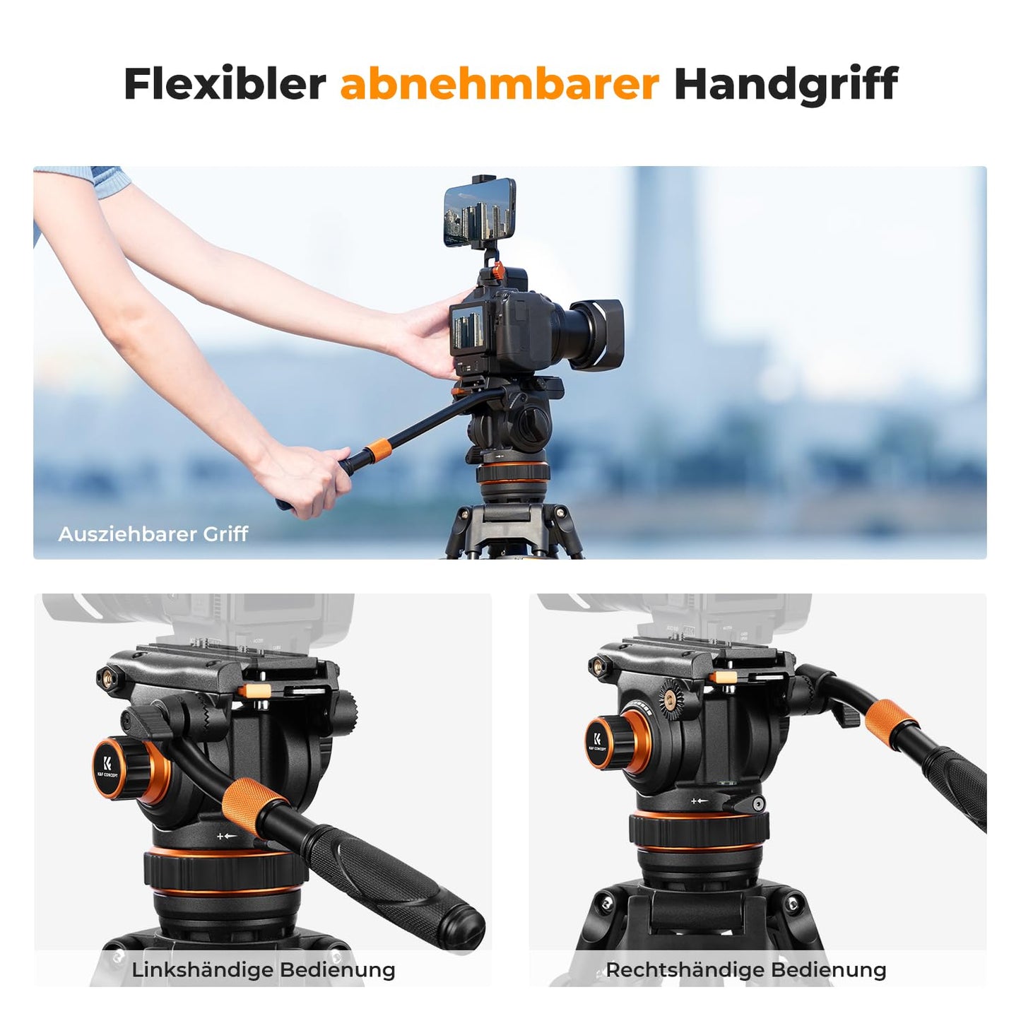 Video tripod, K&F Concept VA3+BV20 aluminum black camera tripod, with 360° fluid head, 191cm video tripod, compatible with Canon Nikon Sony and other DSLR, camcorders, cameras, 10kg load capacity - KF09.148