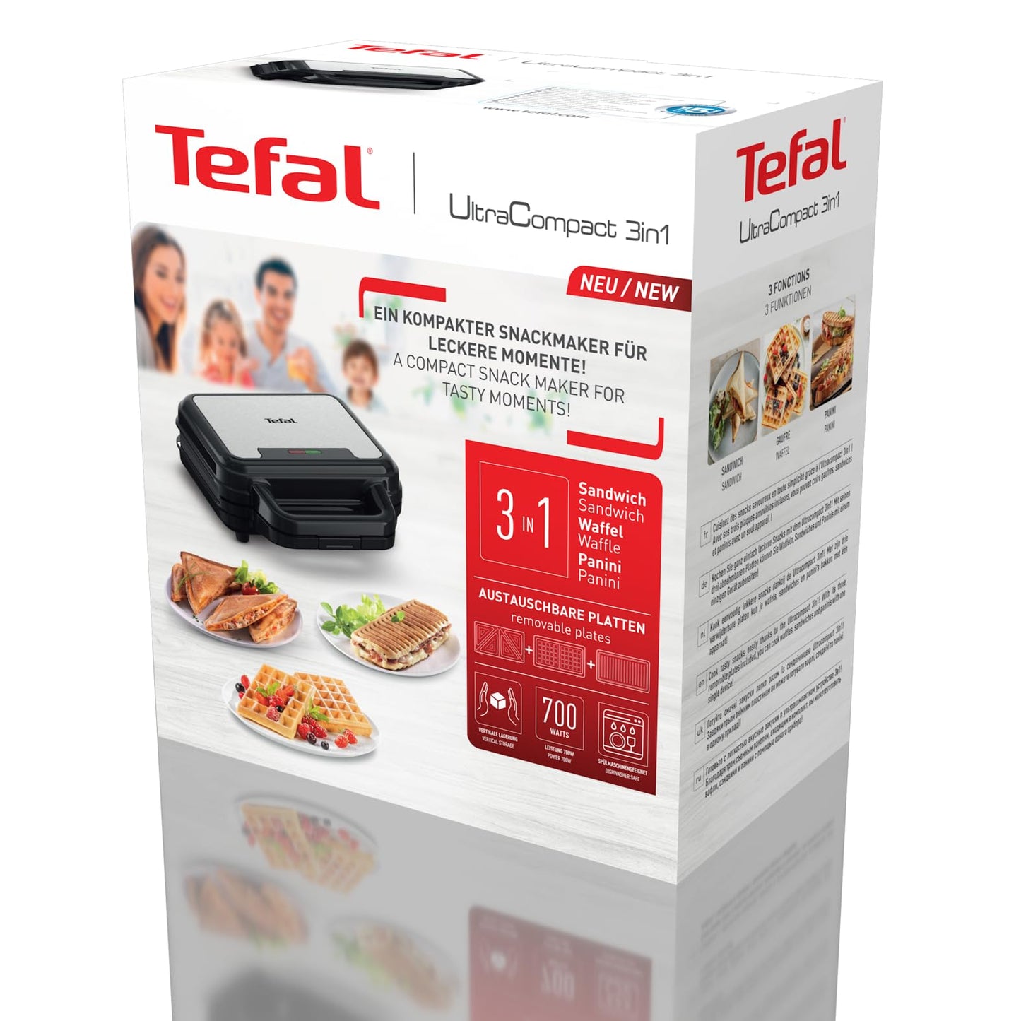 Tefal Ultracompact 3-in-1 sandwich waffle panini combination device, non-stick coating, heat-insulated handle, stainless steel/black, SW383D10
