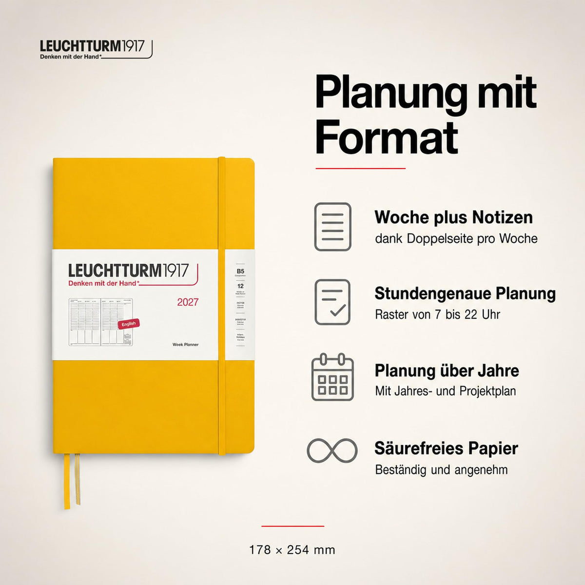 LEUCHTTURM1917 Weekly Planner 2027 Composition (B5) - English, Sunflower, 254 x 178 mm, January-December (12 months), weekly overview with hourly grid 7:00-22:00 per column, hardcover, 80 g/m² paper - 400310