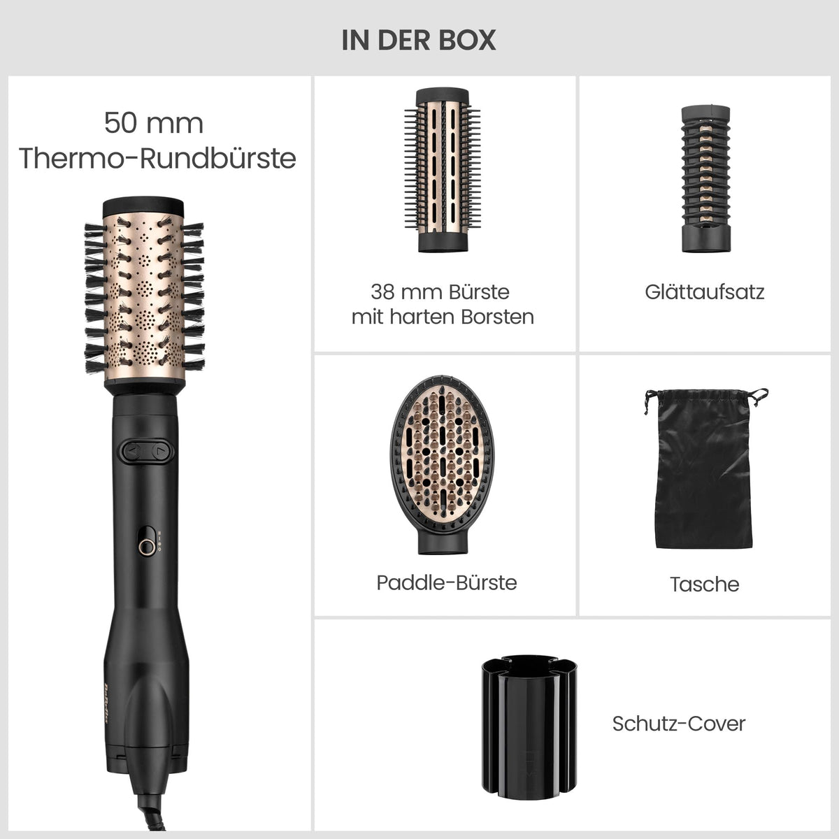 BaByliss Big Hair Luxe Perie rotativă cu aer cald, perie de uscare cu 4 accesorii pentru îndreptare, periere și volum, perie de uscare luxoasă pentru strălucire și netezire, câștigătoare a testelor, AS970E