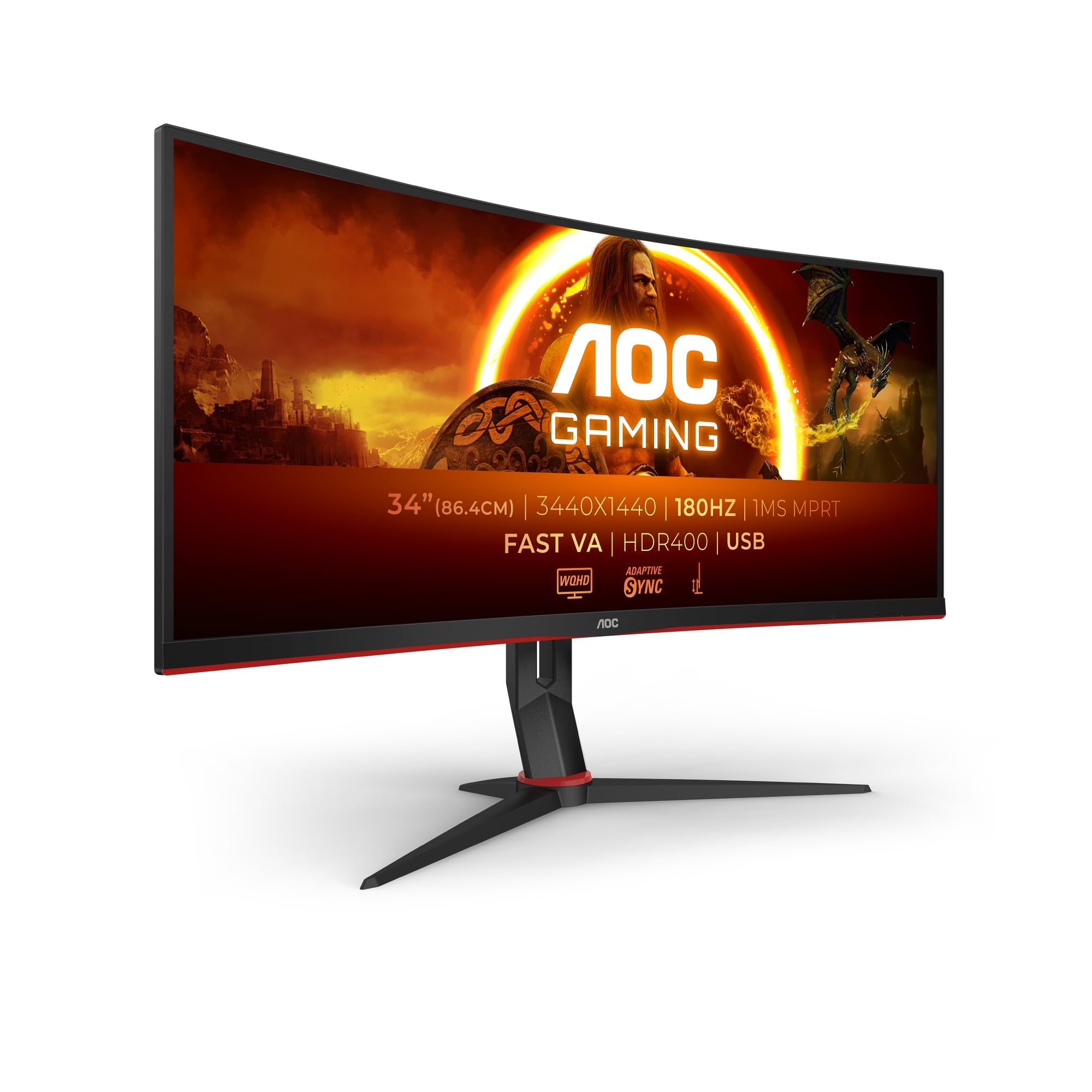 AOC CU34G2XPD/BK 34 inch curved, UW-QHD USB hub gaming monitor, 180Hz, Fast VA panel, 1ms GtG, HDR400, FreeSync Premium, height adjustment, (3440x1440 HDMI 2X 2.0 DP 2X 1.4) black/red - CU34G2XPD/BK/39