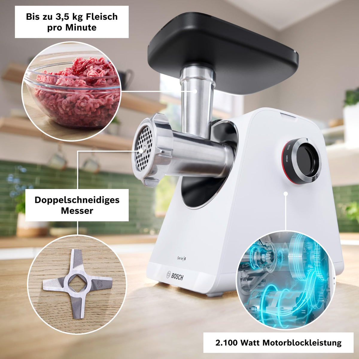 Bosch MultiPower Series 6 Meat Grinder MFWS607W, 2 grinding discs (4.5 and 8 mm), stainless steel, dishwasher safe, kebbe and sausage attachment, motor block power 2,100 W, white