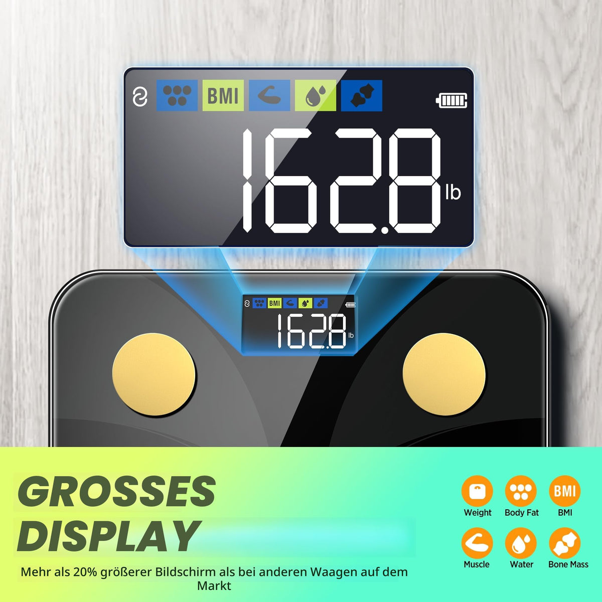 RunSTAR Cântar de grăsime corporală, cântar digital pentru persoane cu display mare, analizor pentru 13 valori esențiale ale corpului, cu sincronizare prin aplicație, Negru Aurit - FG2210-G
