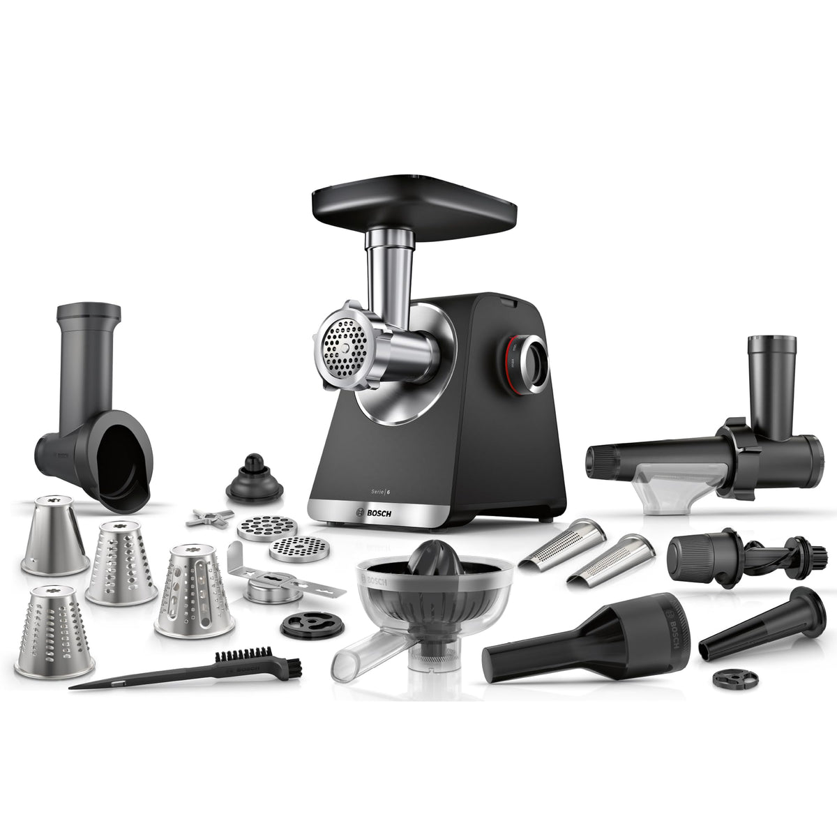 Bosch MultiPower Serie 6 Fleischwolf MFWS682B, accesorii pentru răzătoare, kebbe și cârnați, storcător, accesoriu pentru prăjituri, storcător de citrice, râșniță, 3 discuri cu găuri (3, 4,5 și 8 mm), puterea motorului 2.100 W, Negru