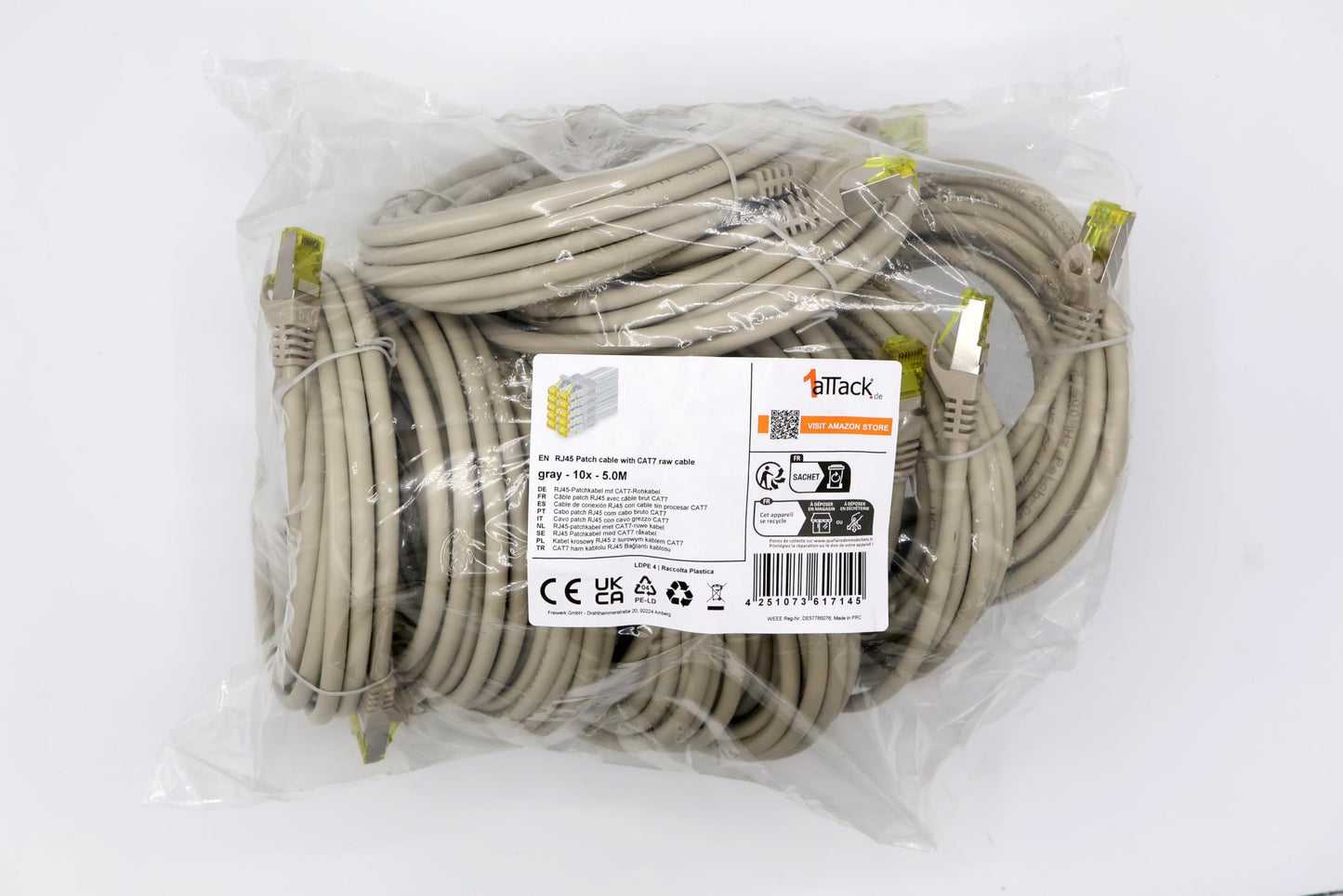 1aTTack.de Cat.7 Network Cable 5m Gray Pack of 10 Cat7 Ethernet Cable Network LAN Cable Raw Cable 10 Gb s SFTP PIMF LSZH Set Patch Cable with Rj 45 Plug Cat.6a - 4251073617145