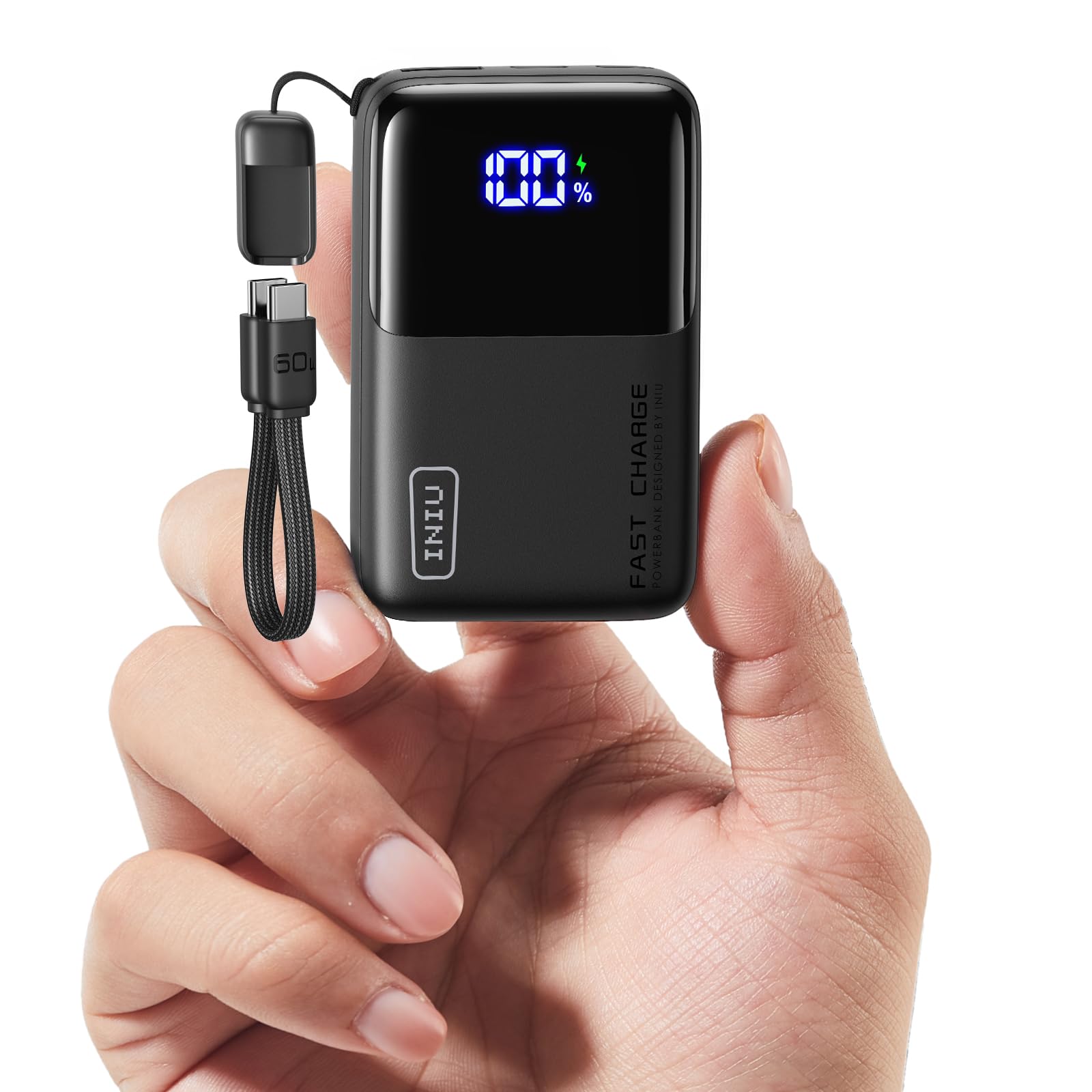 INIU Power Bank, Ultra Mini 45W Fast Charging 10000mAh Power Bank with Attached USB C Cable, Suitable for Flight, External Mobile Phone Batteries, Travel Essential for iPhone 17 16 Pro, Samsung S25, Xiaomi, iPad etc - P50