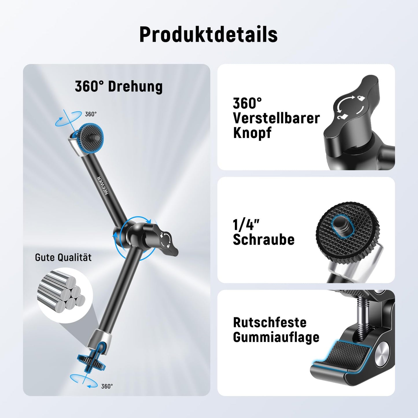 NEEWER 9.8"/25cm Magic Arm adjustable with Super Clamp, 1/4" and 3/8" thread, 1/4" screws for flash/LED light/microphone/monitor compatible with SmallRig camera cage, maximum load: 1.5kg, ST25C