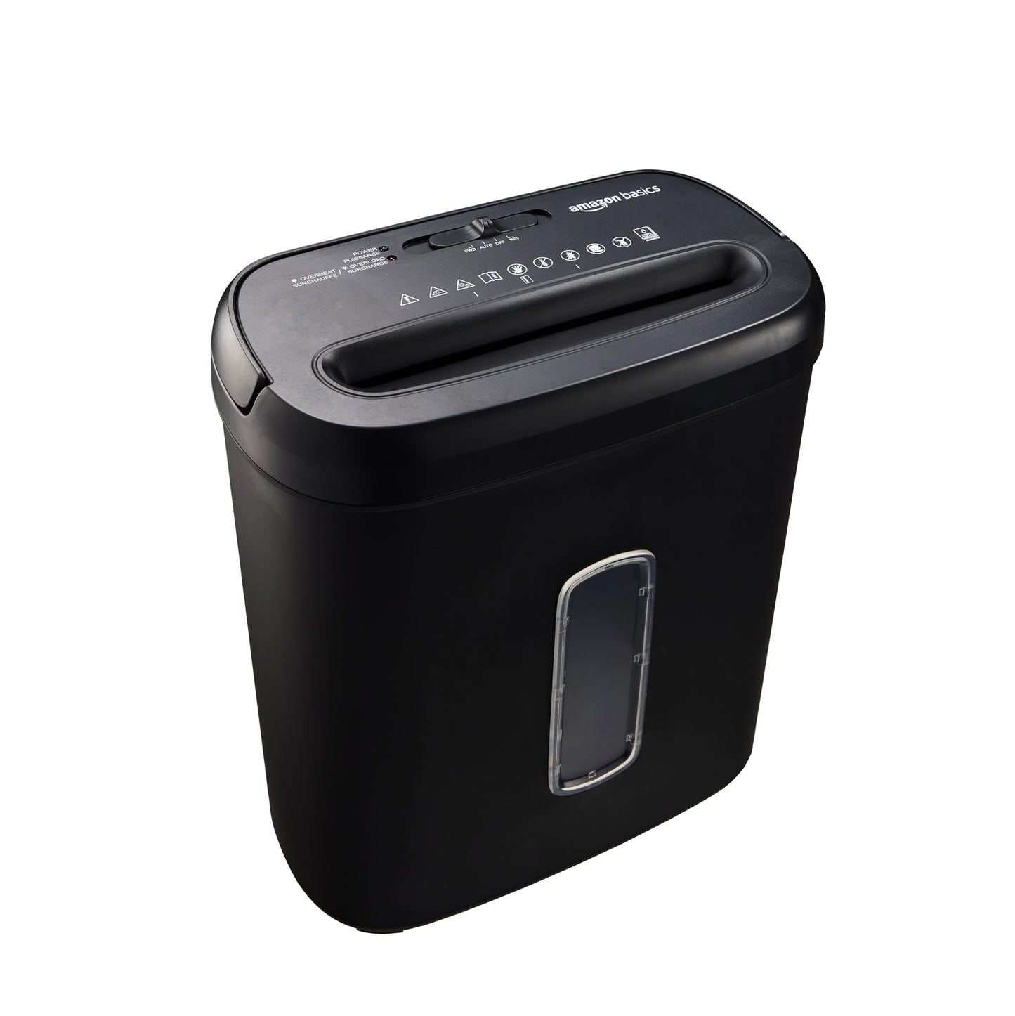 Amazon Basics cross-cut document shredder, 8 sheets, with transparent viewing window, for documents and credit cards, 14l collection container, black - C276-A