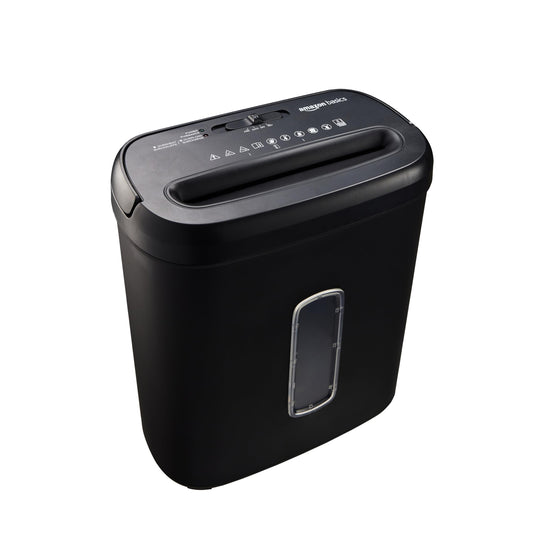 Amazon Basics cross-cut document shredder, 8 sheets, with transparent viewing window, for documents and credit cards, 14l collection container, black - C276-A