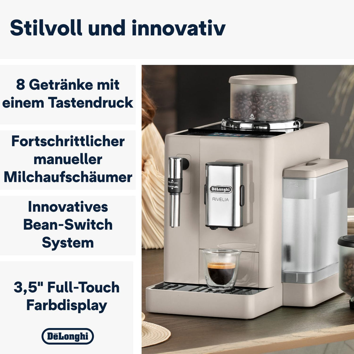 De'Longhi Rivelia - aparat de cafea complet automat 8 băuturi bej - EXAM440.35.BG