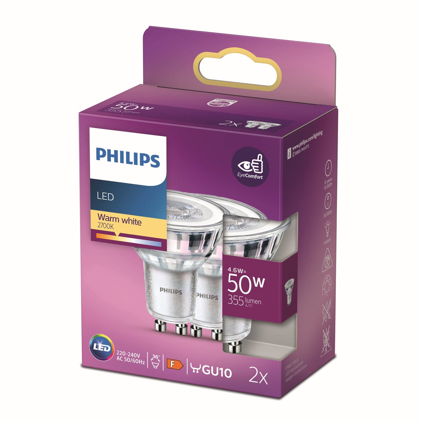 Philips LED Classic GU10 lamp, 50 W, reflector, warm white, not dimmable - 929001215299