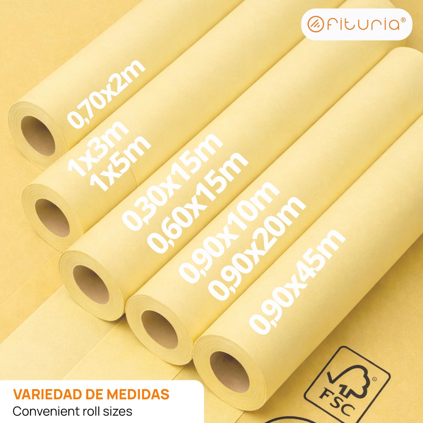 OFITURIA Kraft Paper Yellow Pastel - Roll 1 × 5 m - 6 Rolls - Wrapping Paper and Packaging Paper - Craft Paper for DIY, Decoration and Sewing Patterns - Tear-Resistant and Easy to Cut - COM620-parent2