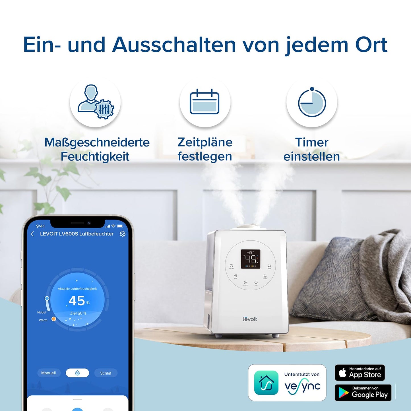 Levoit Smart humidifier for large rooms, top-fill humidifier, warm & cold mist max 550 ml/h, up to 40-70m², quiet room humidifier for children's rooms, plants, auto shut-off, 6 L, white - LUH-A603S-WUK