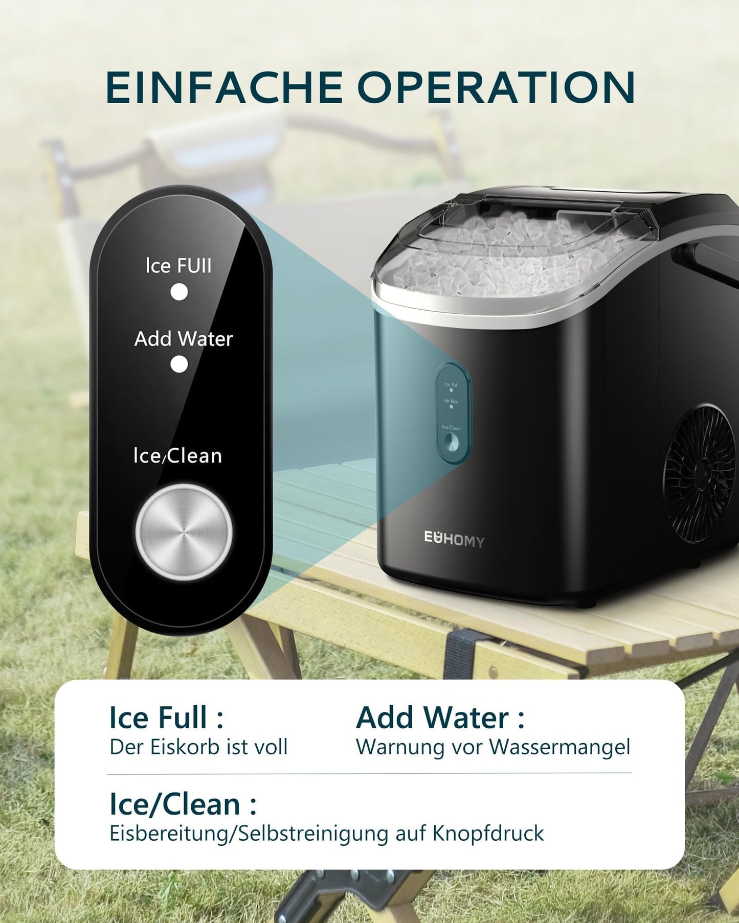 EUHOMY Ice Cube Machine, 15kg/24h, Production in 6 Minutes, Crushed Ice Maker, Nuggets Ice, Automatic Cleaning, 120W Table Ice Cube Machine, Infrared Sensor, Energy Efficient, Black - B0CSYGQPW2