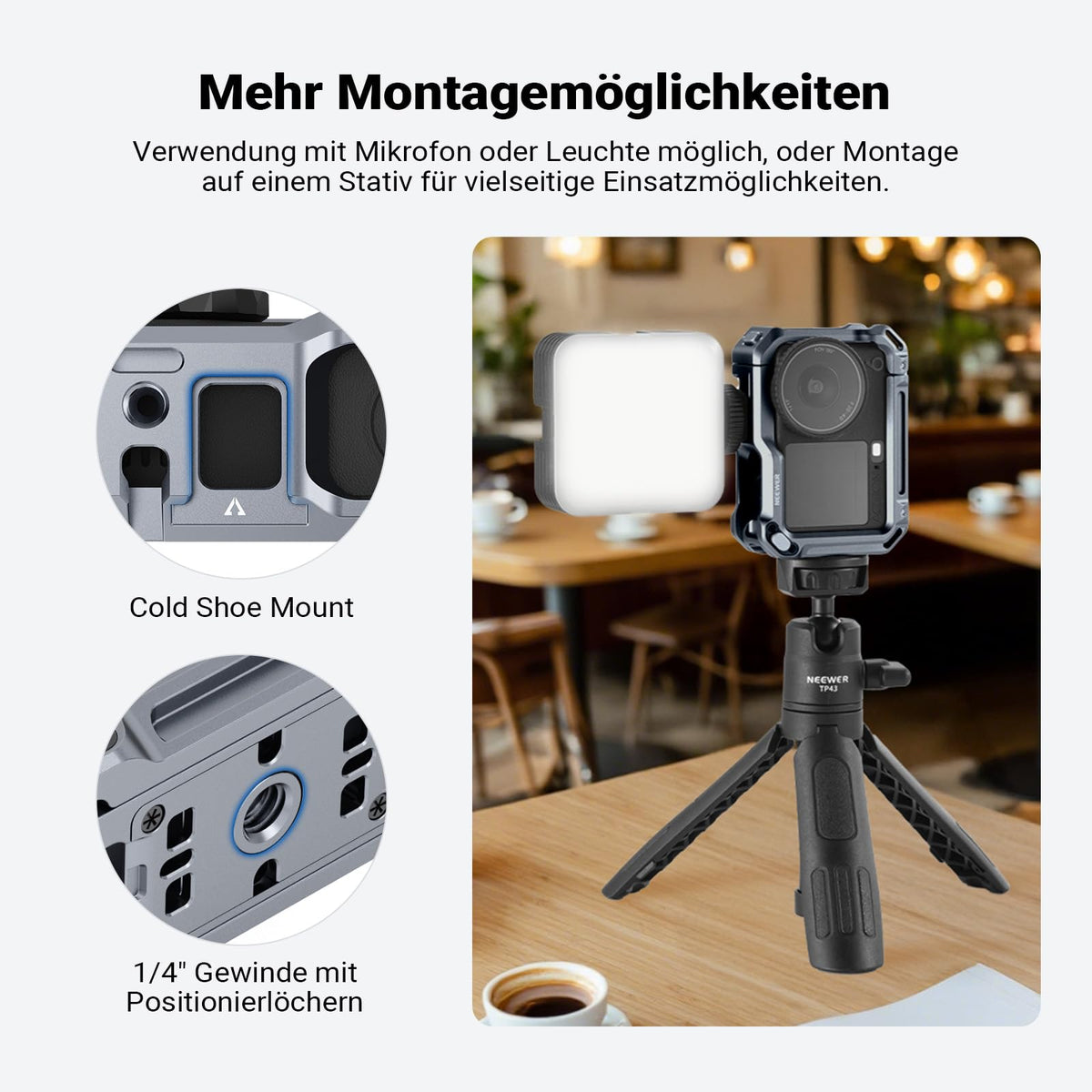 NEEWER Cage compatible with DJI Osmo Action 6, aluminum camera cage, quick release expansion frame housing action cam accessories, 1/4" thread and cold shoe for tripod selfie stick mic LED light AC049