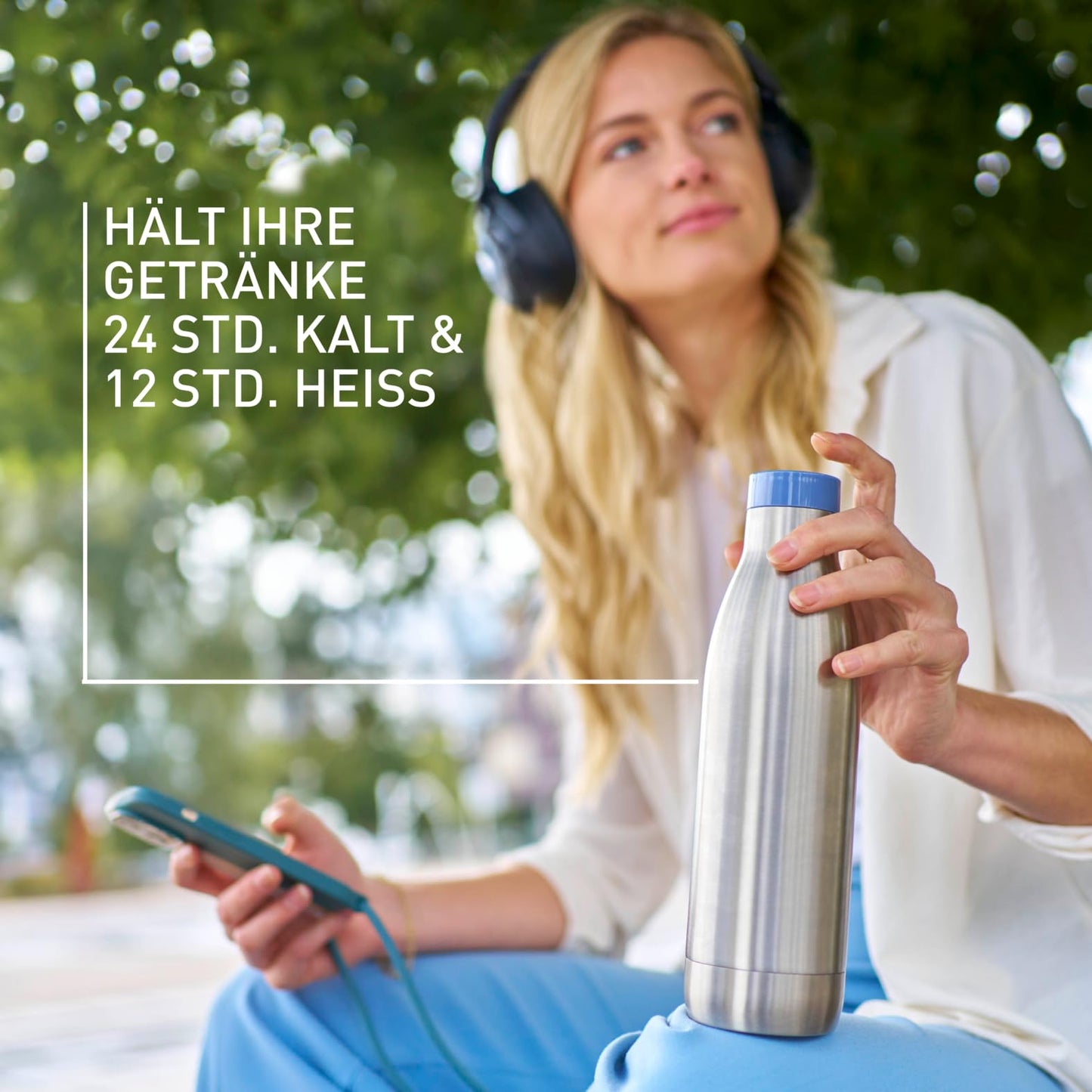 Emsa Bludrop Eco Insulated Drinking Bottle, Reusable, Recycled Stainless Steel, Eco Design, Quick-Press, 12h Hot/24h Cold, 0.7L, Dishwasher Safe, Leakproof, Blue, N3112700