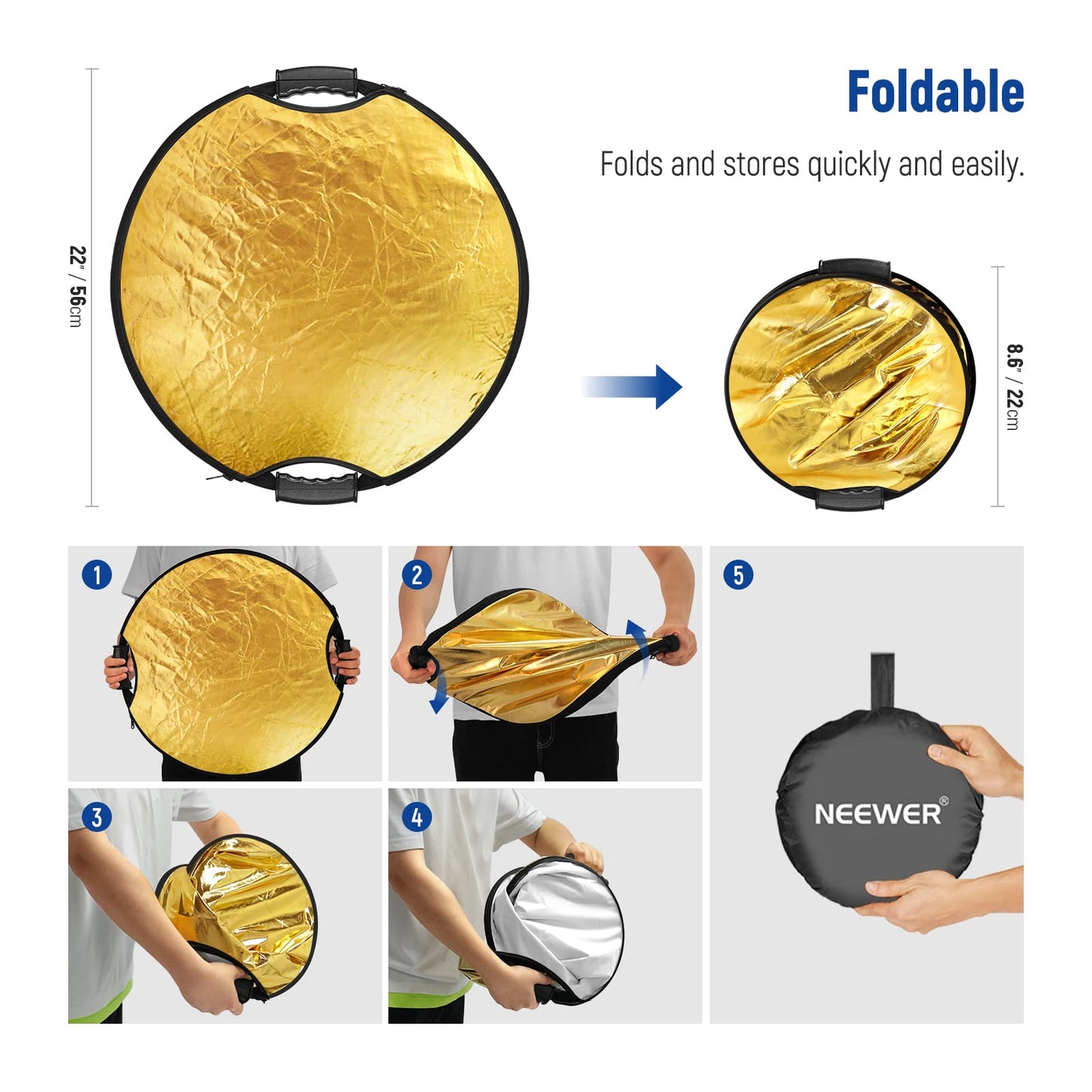NEEWER 22"/56cm light reflector with handle with 3/8" thread, 5 in 1 folding disc light diffuser translucent/silver/gold/white/black for photo lighting, outdoor lighting, RF-56II
