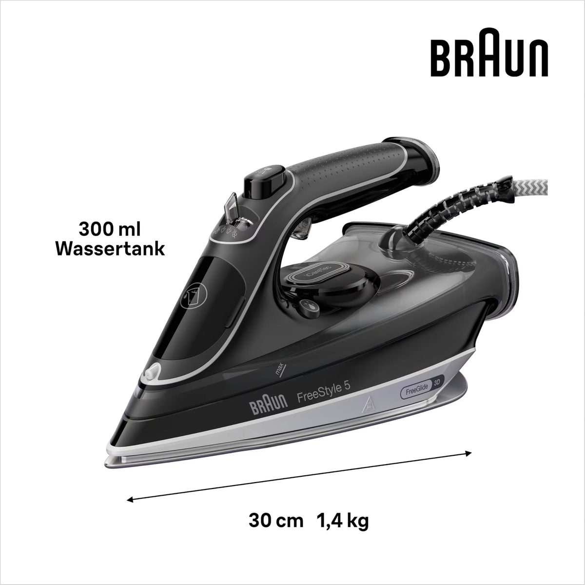 Braun FreeStyle 5 Steam Iron SI 5188 BK – Iron with FreeGlide 3D soleplate, vertical steam, 2800 Watts, steam shot 220 g/min, 330 ml water tank, black - SI5188BK