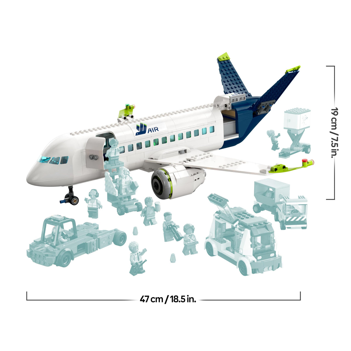 LEGO 60367 City Passenger Airplane Toy Set, large airplane model with airport ground crew vehicles: apron bus, pushback tug, catering loader, baggage cart, and 9 minifigures.