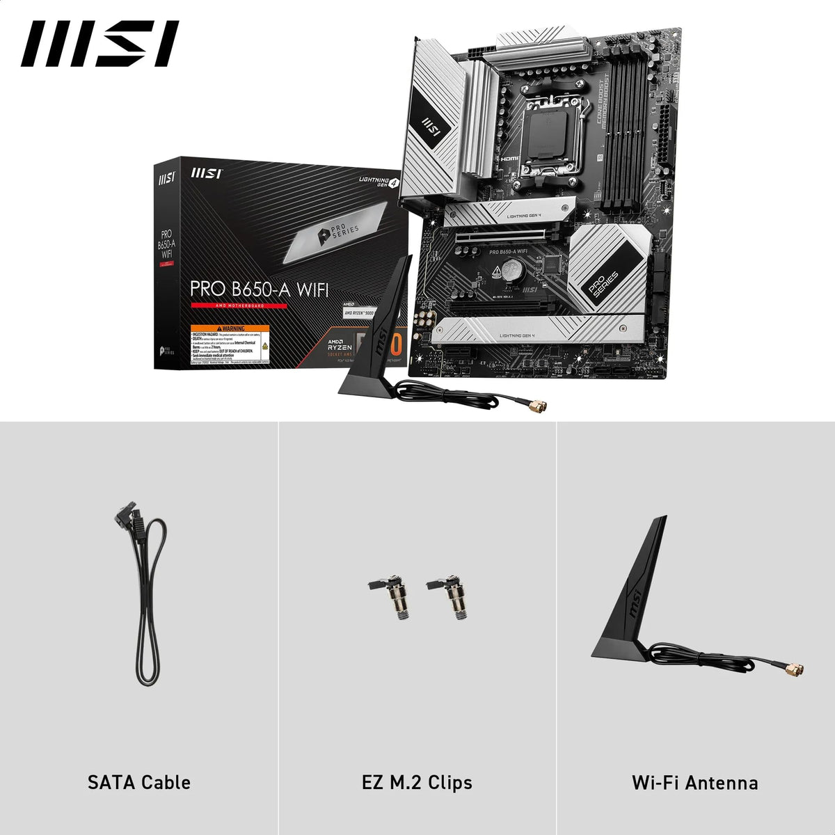 MSI PRO B650-A WiFi Motherboard, ATX - Supports Ryzen 9000, 8000 & 7000 Series Processors, AM5 - DDR5 Memory Boost 7600+MHz/OC, 2 x PCIe 4.0 x16, 3 x M.2 Gen4, Wi-Fi 6E - 7D75-013R