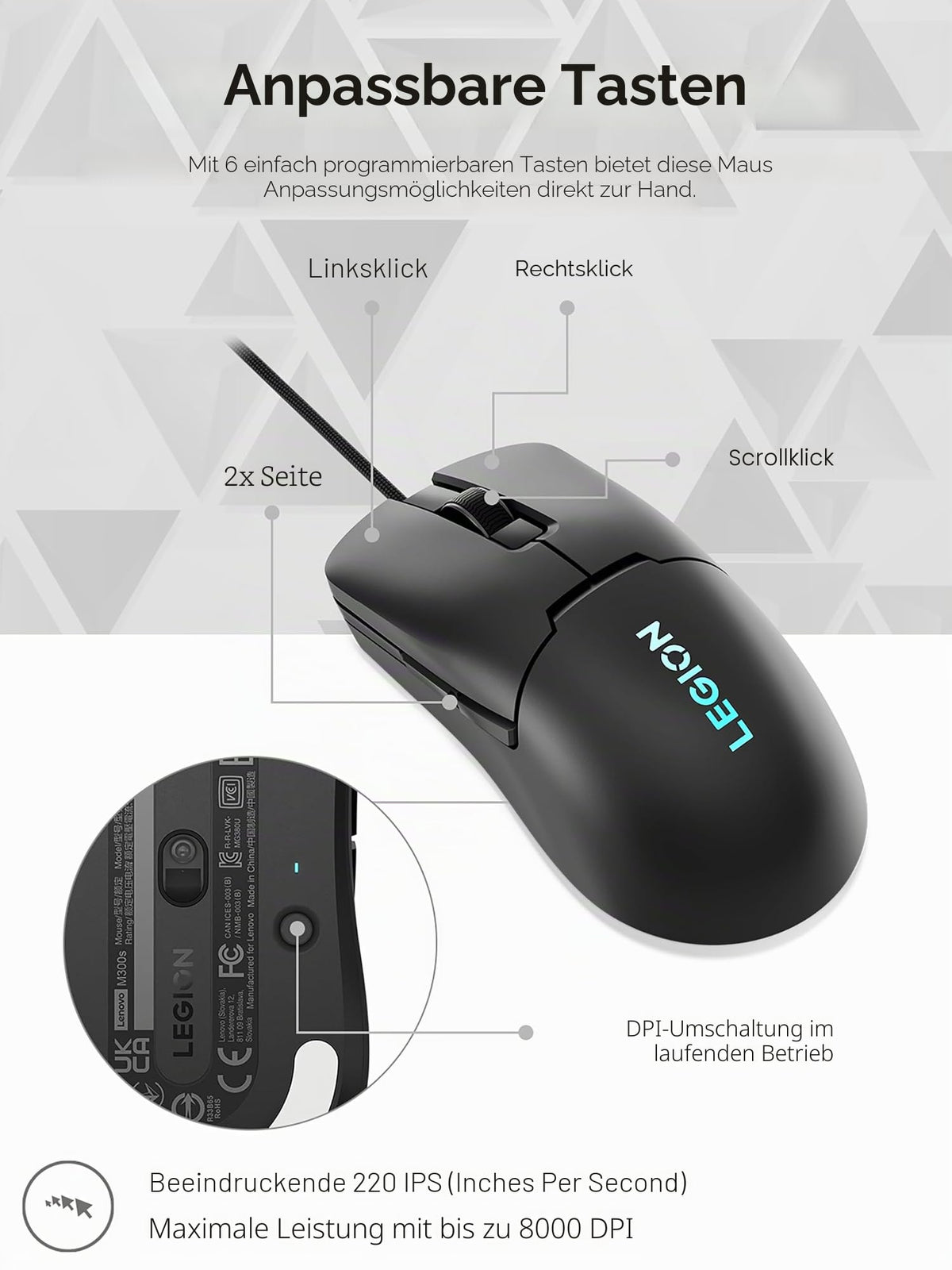 Lenovo Legion M300s RGB Gaming Mouse, up to 8000 DPI, 6 programmable buttons, RGB 16.8 million colors - GY51H47350