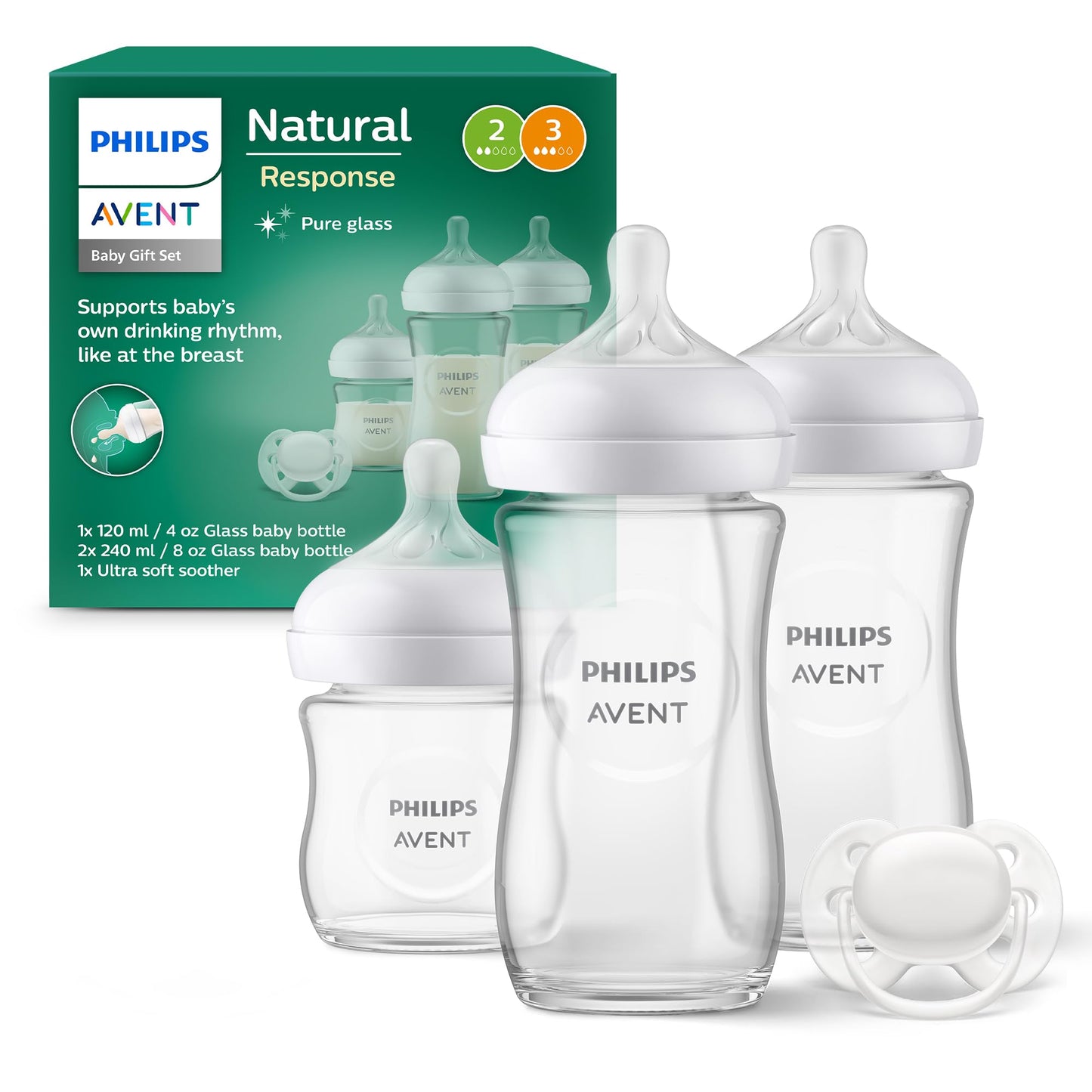 Philips AVENT Glass Baby Bottles Gift Set for Newborns - 3 Natural Response Baby Bottles Ultra Soft Pacifiers for Babies 0-6 Months and Older (Model SCD878/11)
